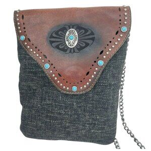 Turquoise Studded Purse Faux Leather Tweed Cross Body Boho Western Native Chain